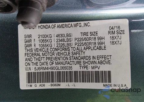 2016 Honda Cr-V Touring из США, поврежденный, VIN 5J6RM4H90GL065035